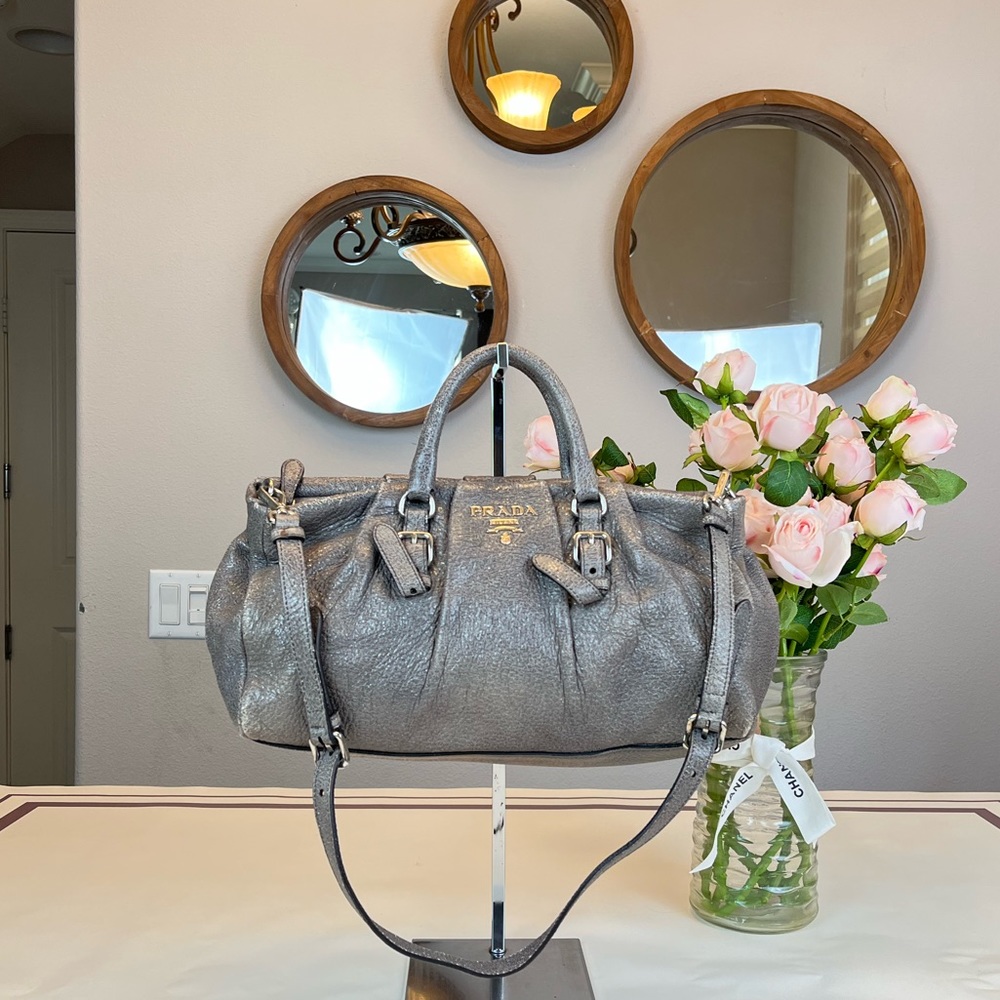 Prada Grey Leather Small Shoulder Bag Crossbody